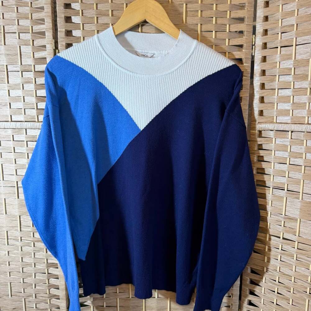 M&Co Colorblock Sweater US 14 Blue White Mock Neck